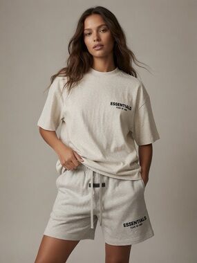Essentials Heather Beige Logo Tee & Shorts Set
